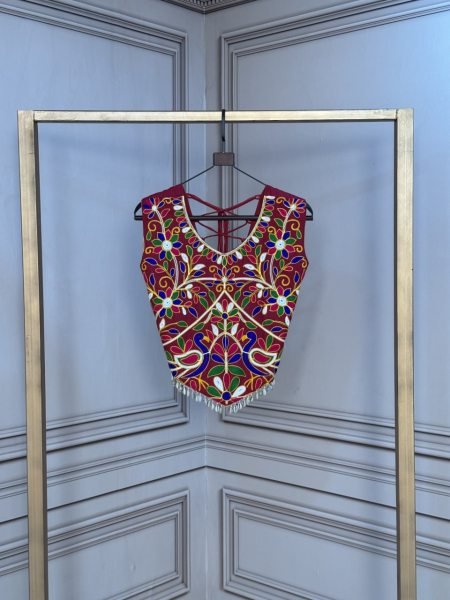 Beautiful Maroon V Neck Sleeveless Rayon Blouse with Traditional Kutchi Work Navratri Lehnega Choli