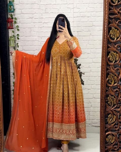 Beautiful Orange Colour Embroidered Printed Gown  Ready To Wear Collection