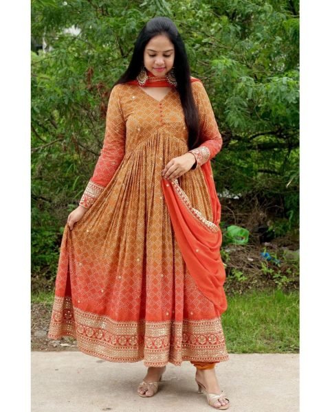 Beautiful Orange Colour Embroidered Printed Gown  Ready To Wear Collection