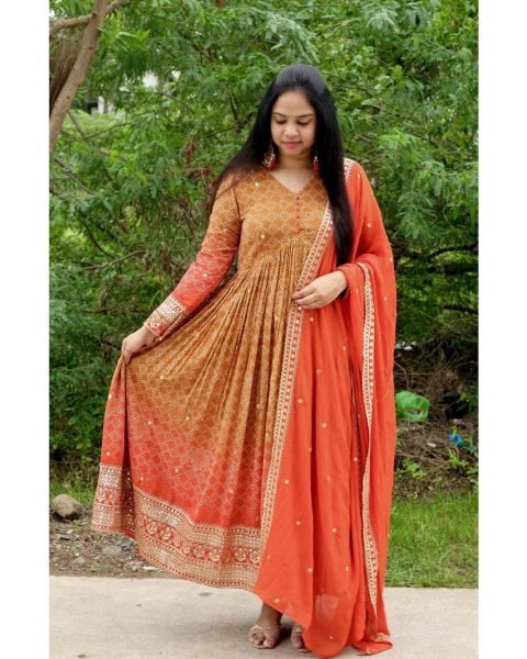 Beautiful Orange Colour Embroidered Printed Gown  Ready To Wear Collection