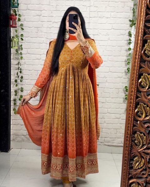 Beautiful Orange Colour Embroidered Printed Gown  Ready To Wear Collection