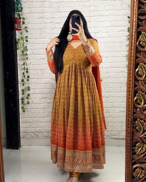 Beautiful Orange Colour Embroidered Printed Gown  Ready To Wear Collection
