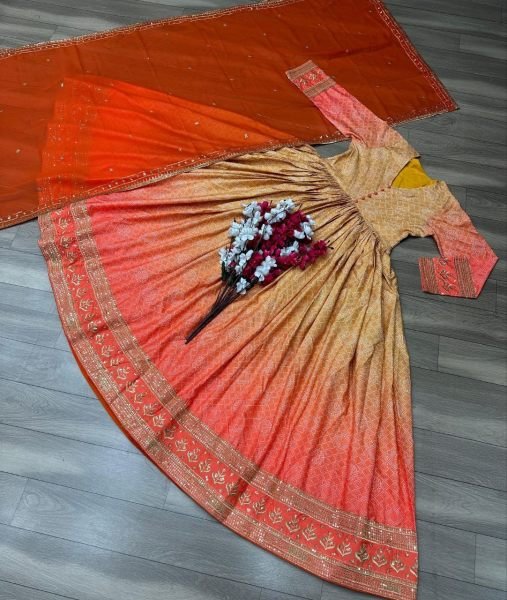 Beautiful Orange Colour Embroidered Printed Gown  Ready To Wear Collection