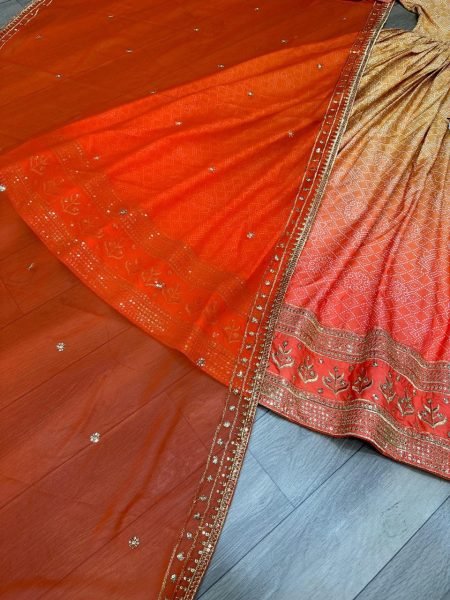 Beautiful Orange Colour Embroidered Printed Gown  Ready To Wear Collection