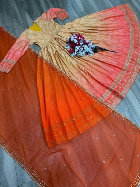Beautiful Orange Colour Embroidered Printed Gown  Ready To Wear Collection