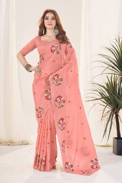 Beautiful Peach Color Gold Crush Designer Saree with Malti Thread Work Silk Sarees Wholesale