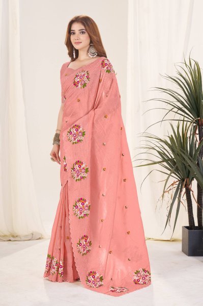 Beautiful Peach Color Gold Crush Designer Saree with Malti Thread Work Silk Sarees Wholesale