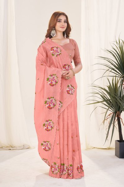 Beautiful Peach Color Gold Crush Designer Saree with Malti Thread Work Silk Sarees Wholesale