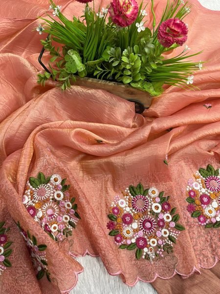 Beautiful Peach Color Gold Crush Designer Saree with Malti Thread Work Silk Sarees Wholesale
