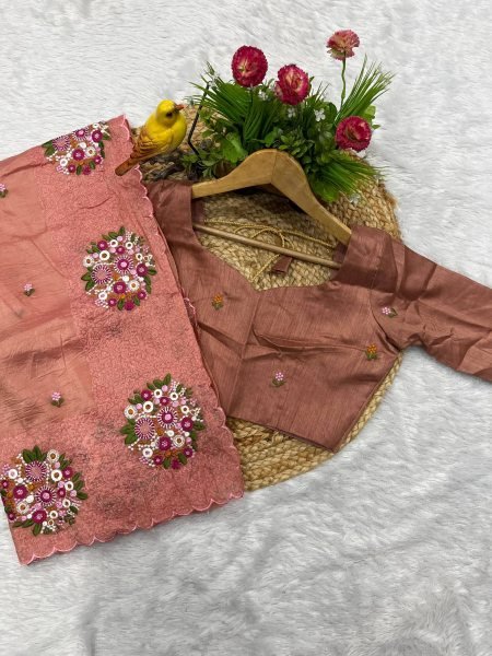 Beautiful Peach Color Gold Crush Designer Saree with Malti Thread Work Silk Sarees Wholesale