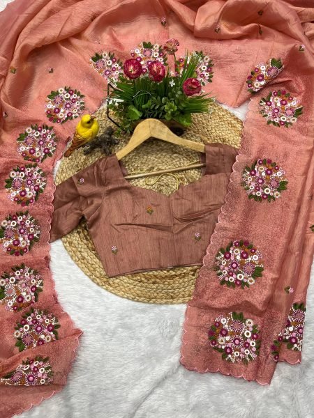 Beautiful Peach Color Gold Crush Designer Saree with Malti Thread Work Silk Sarees Wholesale