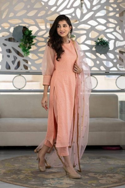 Beautiful Peach Color Rayon Slub Embroidery Kurti Set 3 Piece Kurti Set