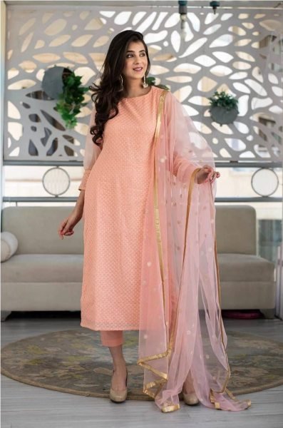 Beautiful Peach Color Rayon Slub Embroidery Kurti Set 3 Piece Kurti Set