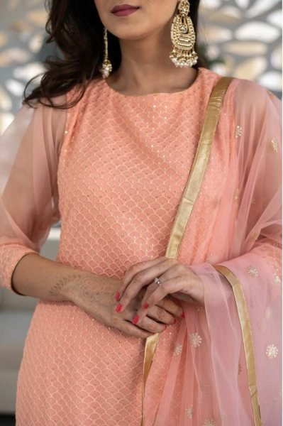 Beautiful Peach Color Rayon Slub Embroidery Kurti Set 3 Piece Kurti Set