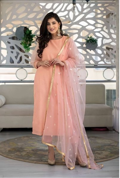Beautiful Peach Color Rayon Slub Embroidery Kurti Set 3 Piece Kurti Set