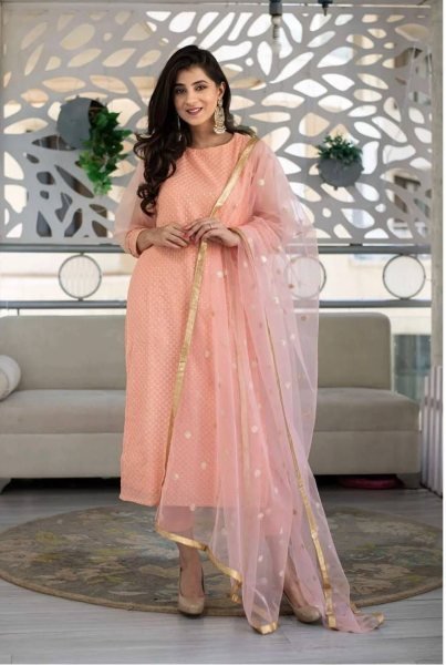 Beautiful Peach Color Rayon Slub Embroidery Kurti Set 3 Piece Kurti Set
