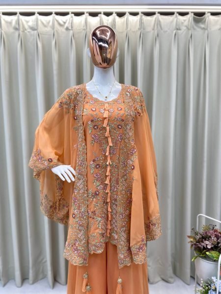 Beautiful Peach Georgette Suit Set with Embroidered Shrug for Celebration Edition Ready To Wear Collection