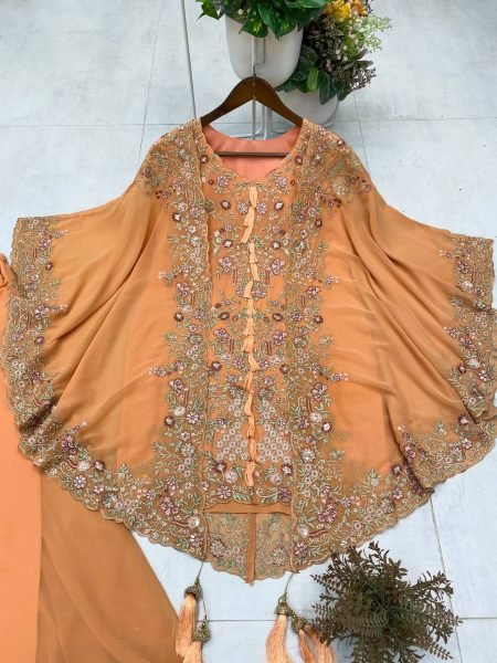 Beautiful Peach Georgette Suit Set with Embroidered Shrug for Celebration Edition Ready To Wear Collection