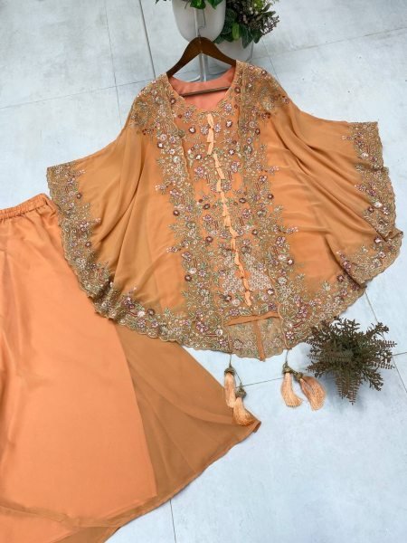 Beautiful Peach Georgette Suit Set with Embroidered Shrug for Celebration Edition Ready To Wear Collection