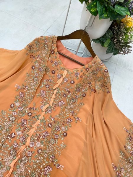 Beautiful Peach Georgette Suit Set with Embroidered Shrug for Celebration Edition Ready To Wear Collection