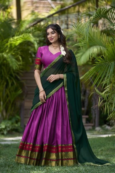 Beautiful Pink Color Banarasi Art Silk South Indian Cultural Saree Lehenga Set  Half Saree Lehenga