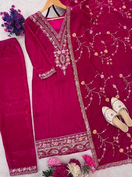 Beautiful Pink Ready to Wear Velvet Sequence Embroidered Suit Set with Dupatta for Wedding Wear Ready To Wear Collection