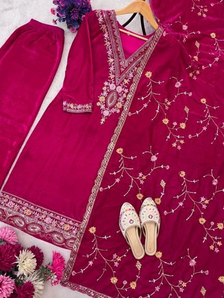 Beautiful Pink Ready to Wear Velvet Sequence Embroidered Suit Set with Dupatta for Wedding Wear Ready To Wear Collection