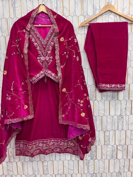 Beautiful Pink Ready to Wear Velvet Sequence Embroidered Suit Set with Dupatta for Wedding Wear Ready To Wear Collection