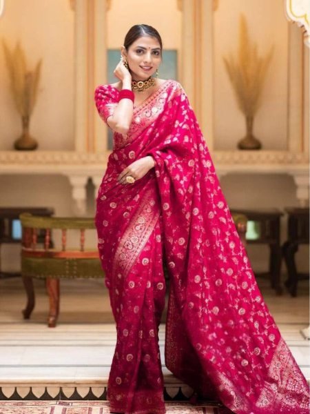 Beautiful Red Color Soft Lichi Silk Jacquared All Over Work Saree  Silk Sarees Wholesale