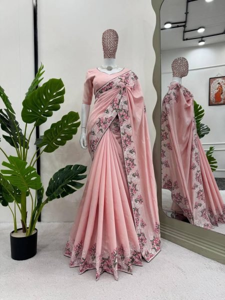 Beautiful Roman Silk Saree With Thread Work And Paiping Silk Sarees Wholesale