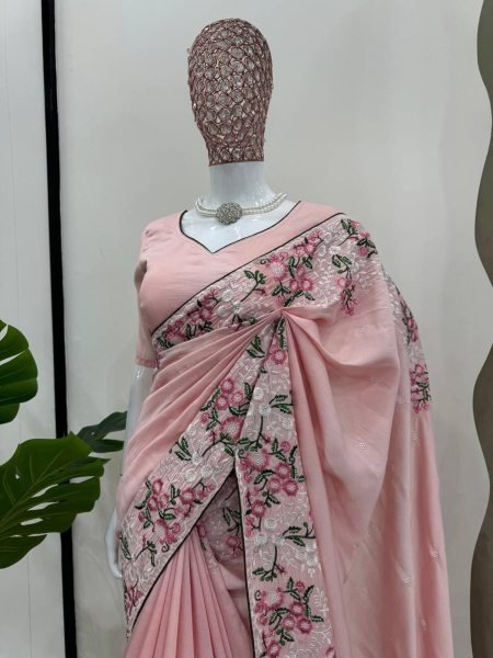 Beautiful Roman Silk Saree With Thread Work And Paiping Silk Sarees Wholesale