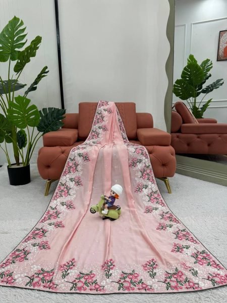 Beautiful Roman Silk Saree With Thread Work And Paiping Silk Sarees Wholesale