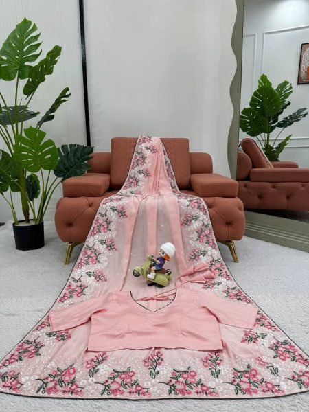 Beautiful Roman Silk Saree With Thread Work And Paiping Silk Sarees Wholesale