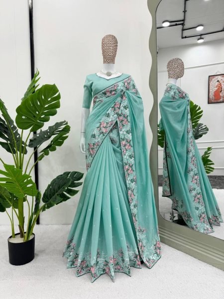 Beautiful Roman Silk Saree With Thread Work And Paiping Silk Sarees Wholesale