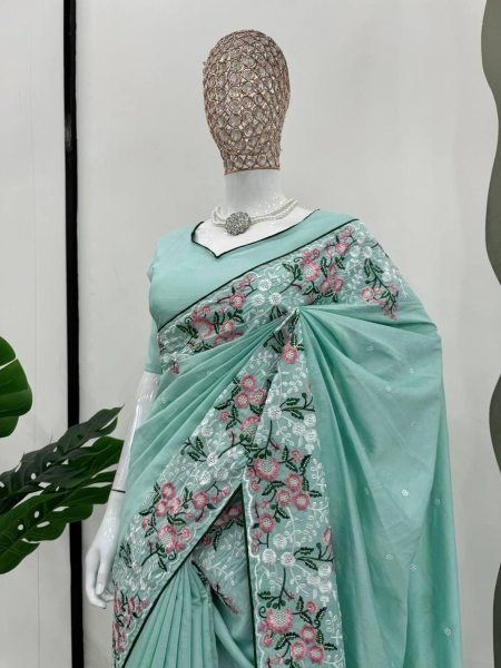 Beautiful Roman Silk Saree With Thread Work And Paiping Silk Sarees Wholesale