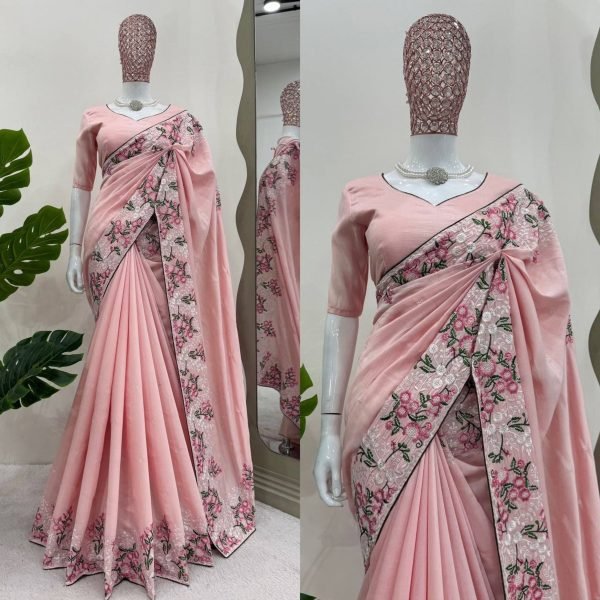 Beautiful Roman Silk Saree With Thread Work And Paiping Silk Sarees Wholesale