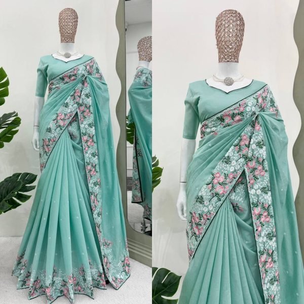 Beautiful Roman Silk Saree With Thread Work And Paiping Silk Sarees Wholesale