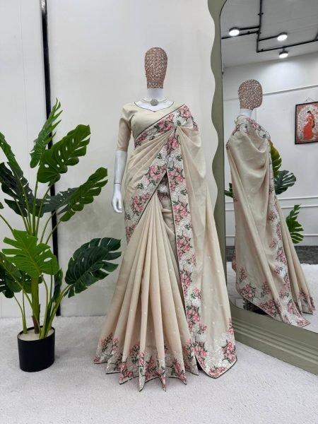 Beautiful Roman Silk Saree With Thread Work And Paiping Silk Sarees Wholesale