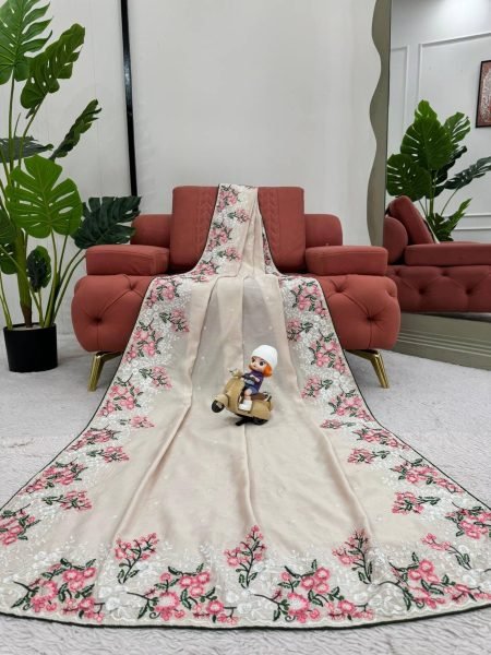Beautiful Roman Silk Saree With Thread Work And Paiping Silk Sarees Wholesale