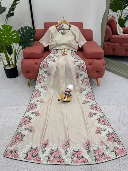 Beautiful Roman Silk Saree With Thread Work And Paiping Silk Sarees Wholesale