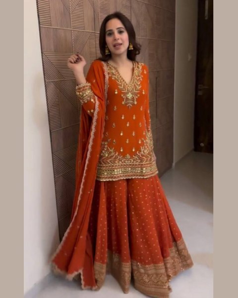 Beautiful Rust 9MM Sequence Work Sharara set Intricate Thread with Sequence Work Dupatta Ready To Wear Suit