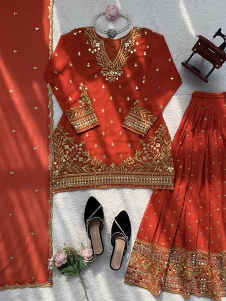 Beautiful Rust 9MM Sequence Work Sharara set Intricate Thread with Sequence Work Dupatta Ready To Wear Collection