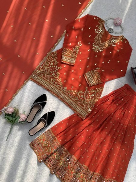Beautiful Rust 9MM Sequence Work Sharara set Intricate Thread with Sequence Work Dupatta Ready To Wear Collection