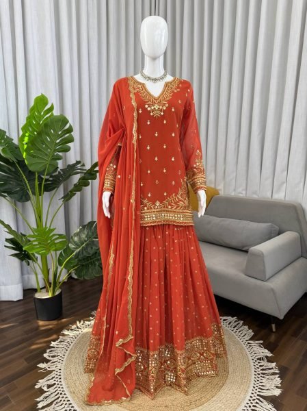 Beautiful Rust 9MM Sequence Work Sharara set Intricate Thread with Sequence Work Dupatta Ready To Wear Collection