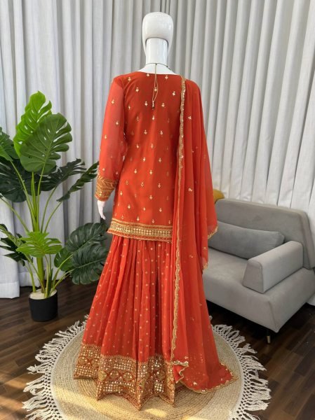 Beautiful Rust 9MM Sequence Work Sharara set Intricate Thread with Sequence Work Dupatta Ready To Wear Collection