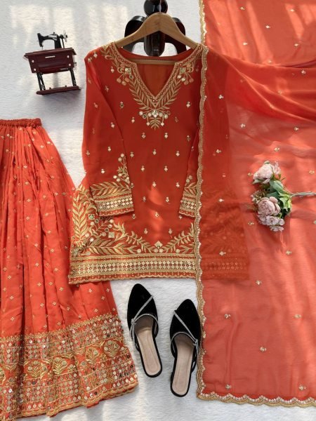 Beautiful Rust 9MM Sequence Work Sharara set Intricate Thread with Sequence Work Dupatta Ready To Wear Collection