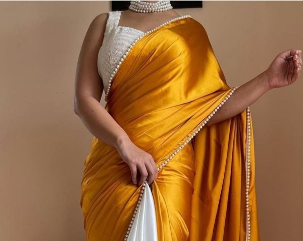 Beautiful Satin Silk Saree With Moti Lace Border Silk Sarees Wholesale