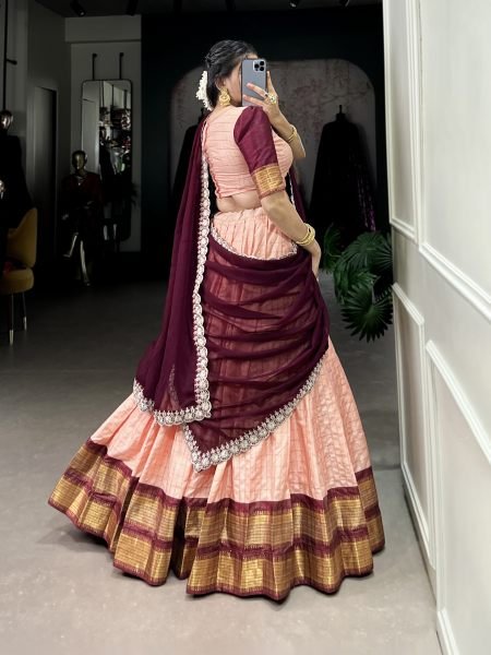 Beautiful South Indian Style Work Peach Zari Weaved Silk Lehenga Choli Set Half Saree Lehenga
