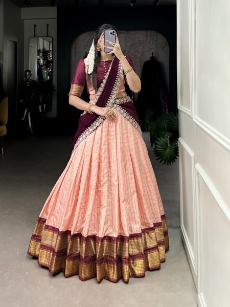 Beautiful South Indian Style Work Peach Zari Weaved Silk Lehenga Choli Set Half Saree Lehenga