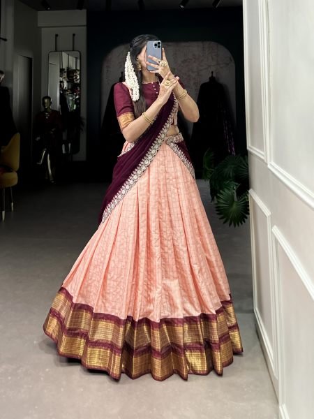 Beautiful South Indian Style Work Peach Zari Weaved Silk Lehenga Choli Set Half Saree Lehenga